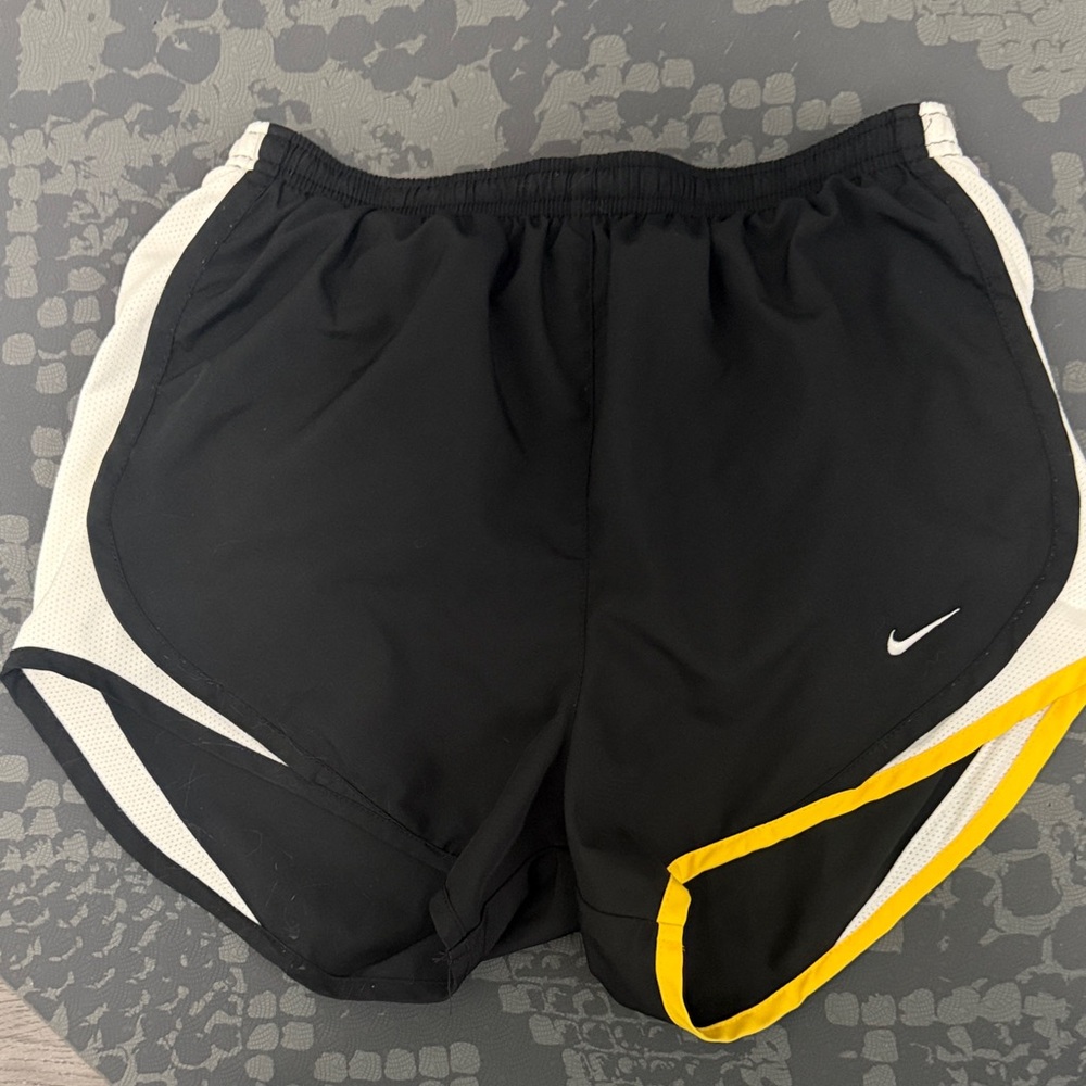 Nike Black Shorts with White Panels and Yellow Trim
